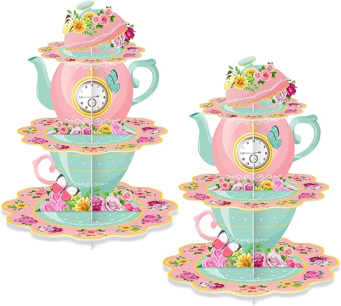 2 Pack Tea Party Cupcake Stands Birthday Decorations: 3-Tier Floral Afternoon Tea Time Theme Dessert Holder Cake Toppers for Adults Girls Kids Baby Bridal Shower Vintage Garden Princess Party Favors