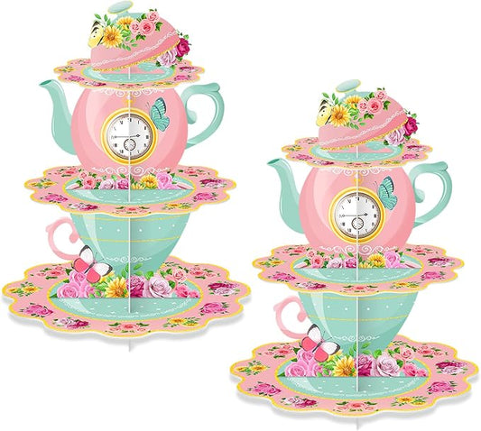 2 Pack Tea Party Cupcake Stands Birthday Decorations: 3-Tier Floral Afternoon Tea Time Theme Dessert Holder Cake Toppers for Adults Girls Kids Baby Bridal Shower Vintage Garden Princess Party Favors