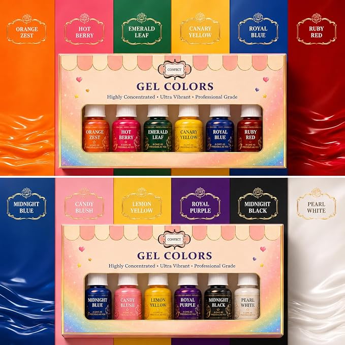 Confect Everyday Essentials Gel Food Coloring Set – 12 Highly Pigmented Colors for Buttercream, Cakes, Cookies, Macarons & Baking – 10mL Bottles