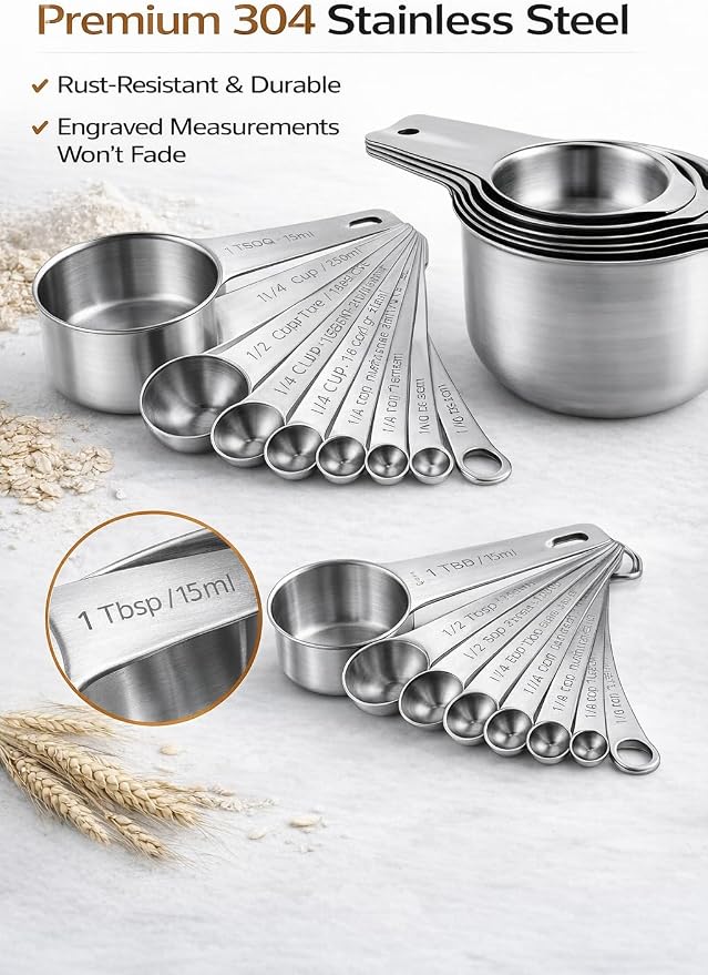 15 Piece Measuring Cups and Spoons Set, Stainless Steel Stackable Measuring Cups, Magnetic Measuring Spoons, Metal Baking Measuring Set for Cooking & Baking
