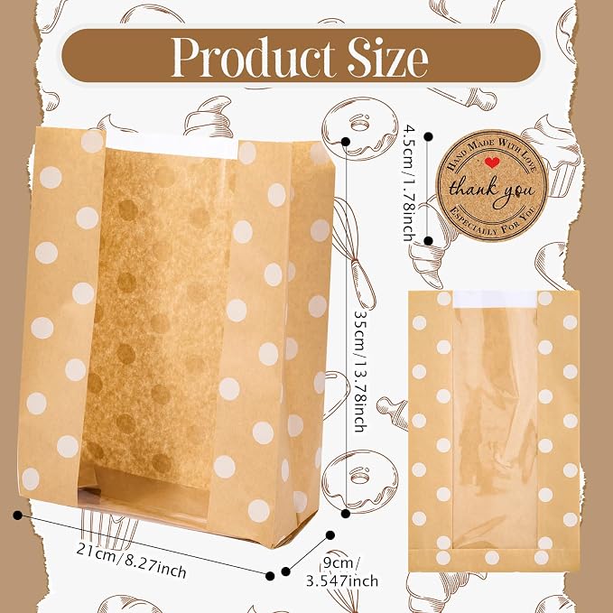 Feifeiya 100 Pack Kraft Paper Bread Bags for Homemade Sourdough Bread with Window & Stickers, 13.7x8.3 Large Bakery Bags for Loaves Greaseproof Food Packaging for Baking Gifts, Brown(Classic)