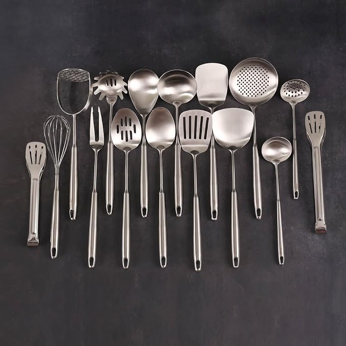 18/10 Stainless Steel Cooking Utensils Set - 16 PCS All Metal Serving Utensils, Kitchen Tools - Whisk, Masher, Fork, Tongs, Solid/Slotted Spoon, Spatula, Turner, Ladle, Skimmer, Pasta, Large Spoon Set