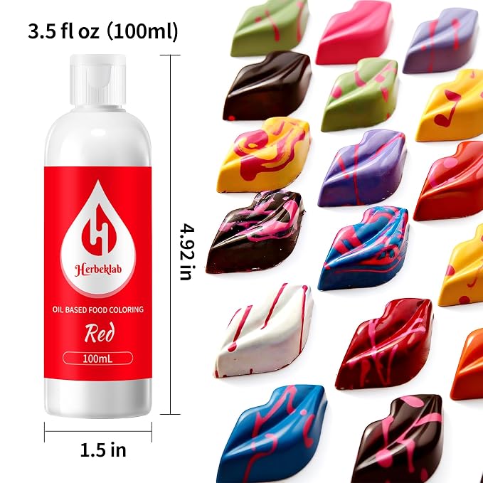 Red Oil Based Food Coloring for Chocolate – Herbeklab 100ml Professional Concentrated Oil Food Dye for Candy Melts, Chocolate, Cake Pops, Strawberries & Baking