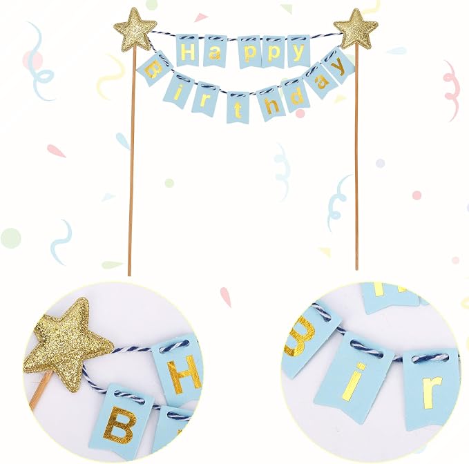 Gosknor Happy Birthday Flag Banner Cake Topper, Glitter Gold Star Blue Flags Birthday Cake Flag Decor for Party Decorations Supplies