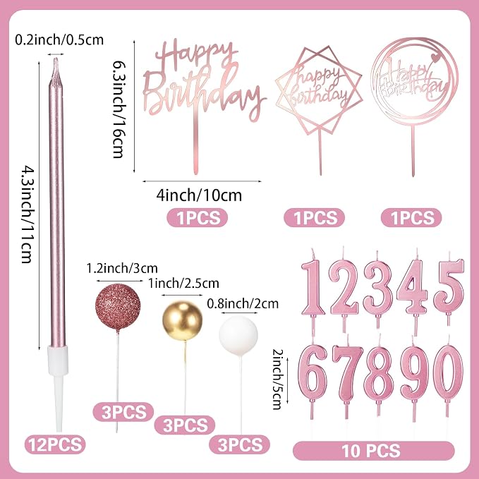 Yerliker 34 Pcs Happy Birthday Cake Toppers Decorations Birthday Candles DIY Cake Decor for Men Women Wedding Anniversary(Dusty Pink)