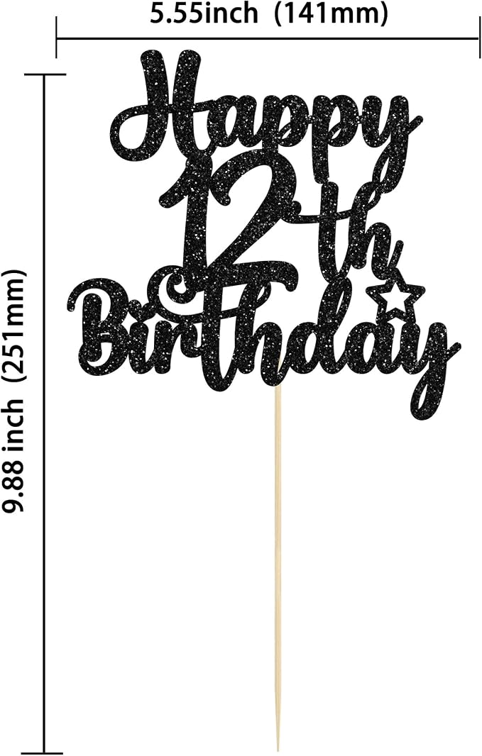 Gyufise 1Pc Happy 12th Birthday Cake Topper Glitter 12 & Fabulous Cheers to 12 Years Old Cake Pick for Celebrating 12th Birthday Anniversary Party Cake Decorations Supplies Black