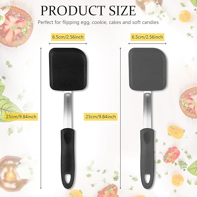 Silicone Cookie Spatula Turner 2 Pack Mini Brownie Spatula Flexible Kitchen Small Silicone Turner for Nonstick Cookware Heat Resistant No Scratch Flipper for Pancake(Solid Flat,Black, Grey)
