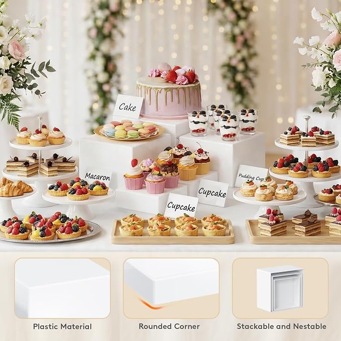 Lifewit 10 PCS Buffet Risers and Stands, Up to 25 cm/10" Food Risers for Buffet Table, Catering Dessert Cake Holder for Party, Collectibles Jewelry Display Shelf, Nesting Cube Boxes, (6",6",7.8",8.3",10") White