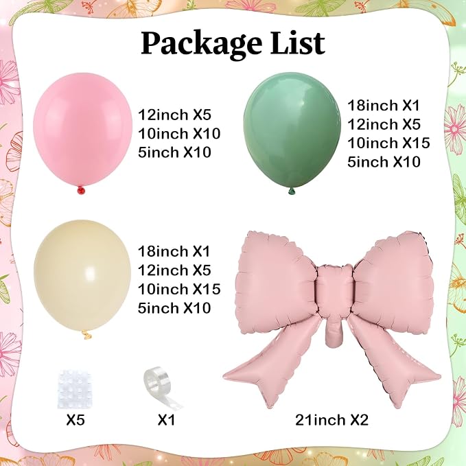 Sage Green Pink Balloon Arch, Pastel Pink Dusty Green Ivory Balloon Garland with Bow Foil Balloons for Girls Wildflower Tea Party Birthday Bridal Baby Shower Wedding Spring Floral Flower Decorations