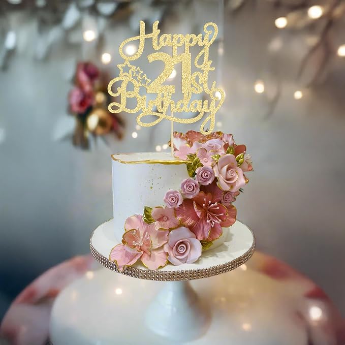 Ephlyn 1 Pack Gold Glitter 21st Birthday Cake Topper - Fabulous Cheers to 21 Years Old - Perfect for 21st Birthday Party & Anniversary Cake Decorations