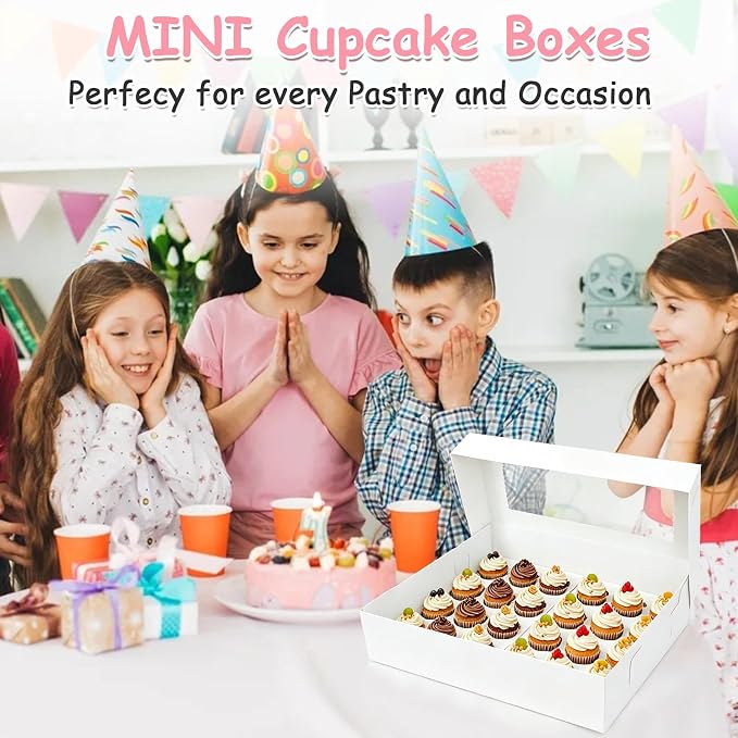 4 Pack White Cupcake Boxes with Cake Boards for 24 MINI Cupcakes, Food Grade Dessert Muffins Box Cupcake Carrier Containers with Window and Inserts for Birthday Holiday Party Bakery Supplies