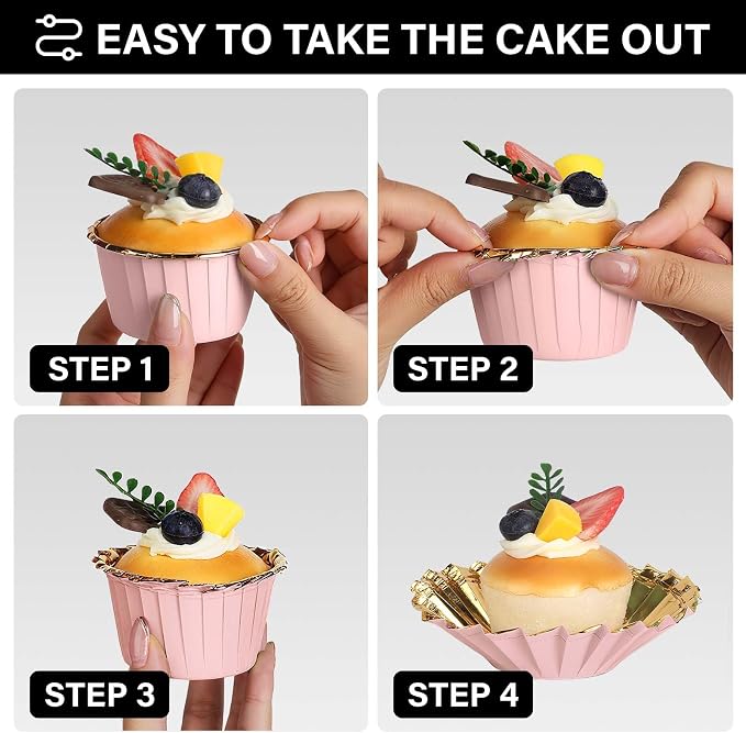 EUSOAR Cupcake Liners, 50pcs 3.5oz Aluminum Foil Wrappers Muffin Cupcake Containers, Disposable Dessert Ramekins Paper Baking Cups Mini Cheesecakes Holders for Birthday Wedding Party-Pink/Gold