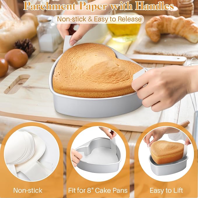 8 Inch Heart Shaped Cake Pan with 50 Pieces Parchment Paper,Non-stick Aluminum Heart Cake Pan Baking Tin for Birthday Wedding