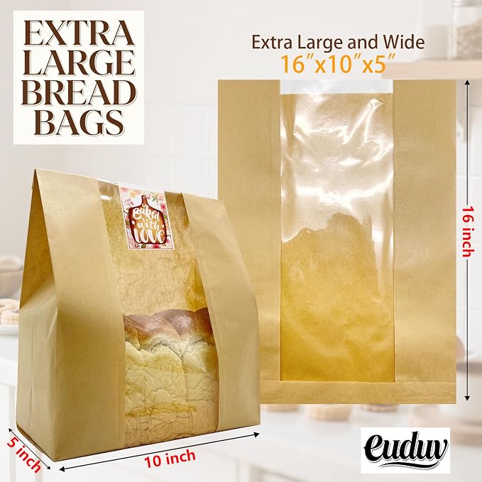 16"X10"X5" Extra Large Paper Bread Bags for Homemade Bread with Window & Sticker for xl Sourdough Bread, Very Wide Bread Loaf, Baked Goods, Packaging for Gifting - Brown Kraft 50Pcs