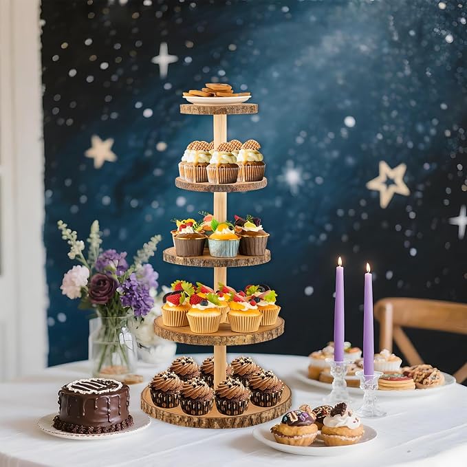 Wooden 5-Tier Rustic Cupcake Stand for Wedding Cakes, Tiered Dessert Tower Display Centerpiece for Parties, Events & Celebrations