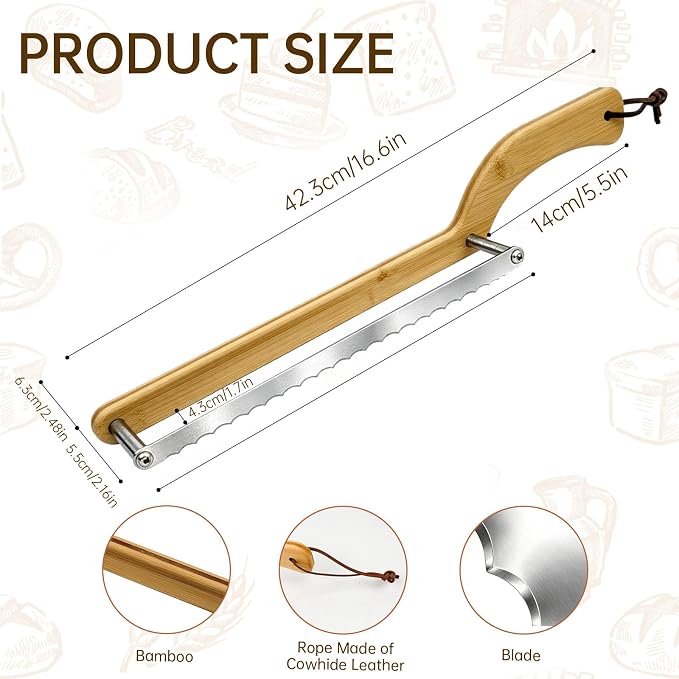 Homemade bread knife with an ergonomic handle | Serrated Sourdough Slicer, Bamboo Handle, Adjustable Blade, Measurement Marks for Even Slices, Left & Right Hand