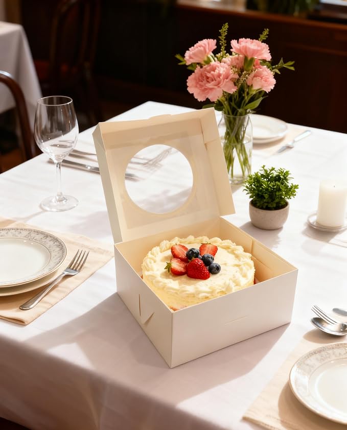 3 Set Cake Boxes with Cake Boards（3 PCS Cake Boxes+3 PCS Cake Boards）, 10x10x5 Inches Cake Box with Windows, White Bakery Boxes, Cake Container with Stickers for Birthday by GBF
