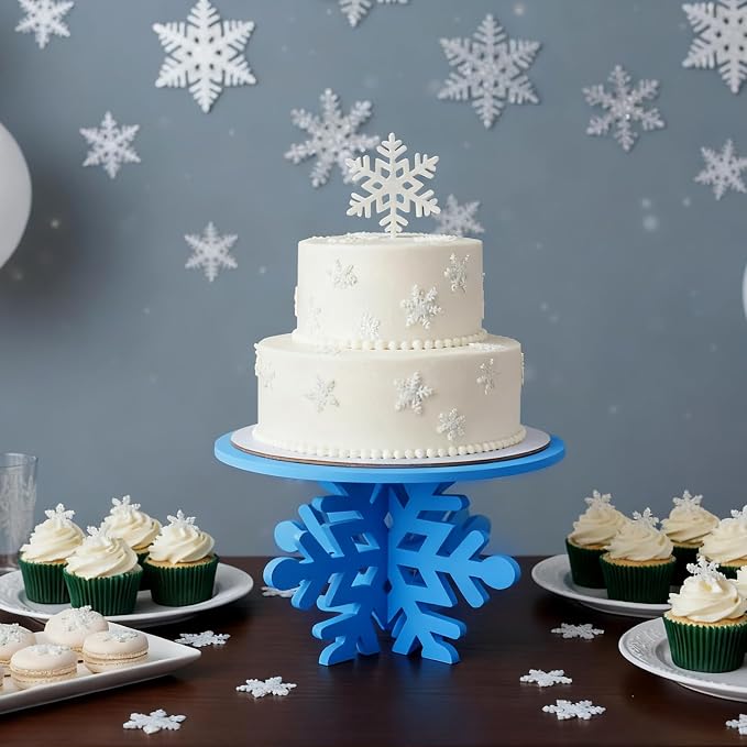 Lallisa 12" Blue Snowflake Frozen Cake Stand 3D Snowflake PVC Cake Decorations with Engraved Snow Themed Holder Winter Dessert Stand Centerpieces for Frozen Winter Birthday Party Supplies