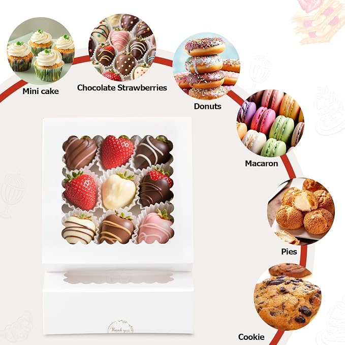 20 Pcs Chocolate Covered Strawberry Boxes with Window, Auto-Pop-Up 8x8x2.5 inches White Treat Boxes for Bakery,Pastry, Cookie, Dessert, Donut and Muffin