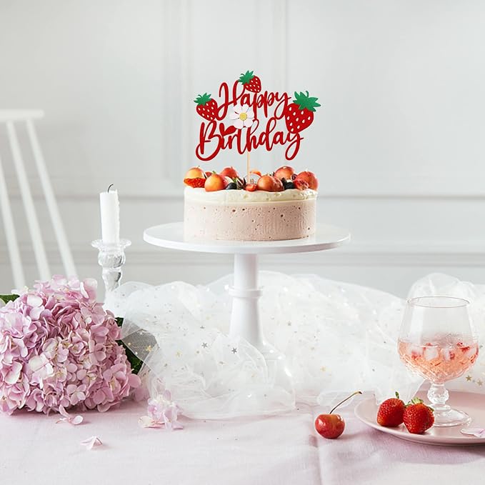 1 PCS Strawberry Happy Birthday Cake Topper with Glitter Flower Fruit Theme Birthday Berrry Cake Pick Decorations for Strawberry Theme Baby Shower Kids Birthday Party Cake Decorations Supplies