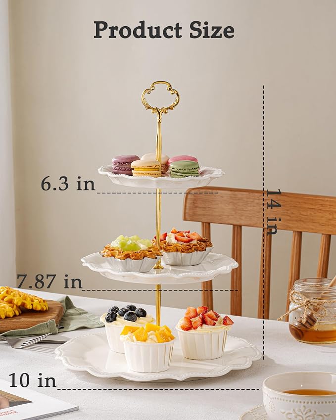 3 Tier Cupcake Stand, Ceramic Tiered Serving Stand | Relief Dessert Tower Tray, Cupcake Holder Tower for Birthday, Baby Shower, Tea Party and Wedding (Ivory)