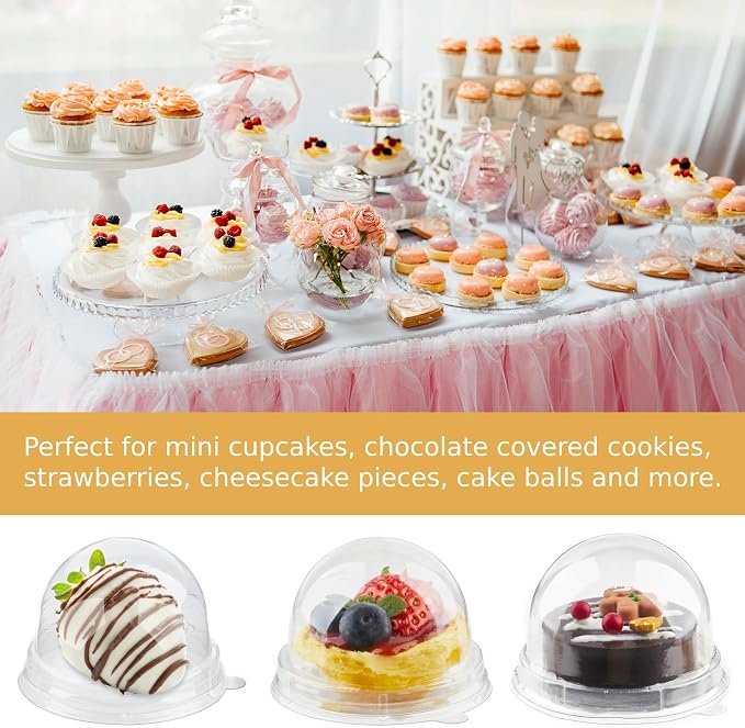 Zezzxu 100 Pack Mini Cake Containers, Clear Plastic Small Cupcake Boxes with Dome Lids for Individual Chocolate Covered Cookies, Strawberry, Mooncake (Clear Base)