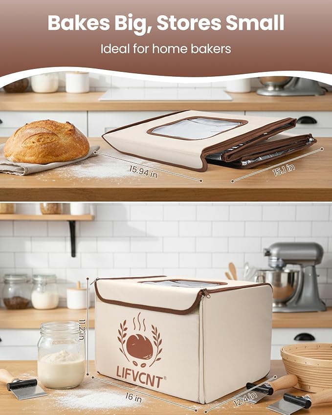 Folding Bread Proofing Box, Dough Proofer with 68–132°F Temperature Control & 99H Timer, Sourdough Proofing Box for Bread, Pizza, Yogurt, Kombucha, with Metal Rack & Water Tray, Oat Beige