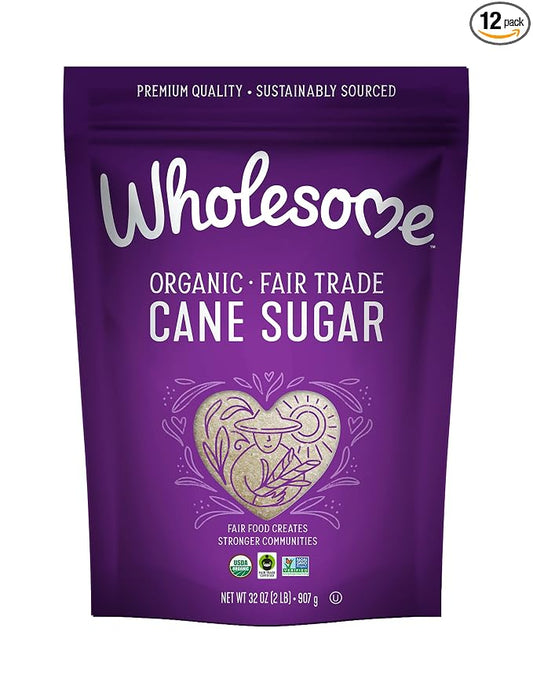 Wholesome Sweeteners 32-Ounce Organic Cane Sugar, Fair Trade, Non GMO, Gluten Free, Pure & Vegan, for Baking and Sweetening, 12 Pack