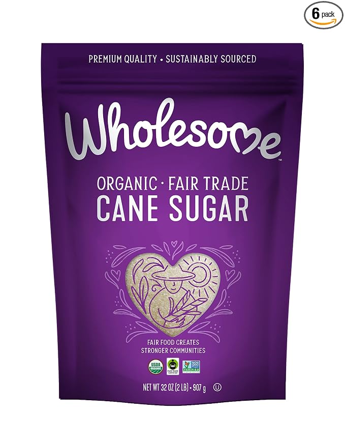 Wholesome Sweeteners 32-Ounce Organic Cane Sugar, Fair Trade, Non GMO, Gluten Free, Pure & Vegan, for Baking and Sweetening, 6 Pack