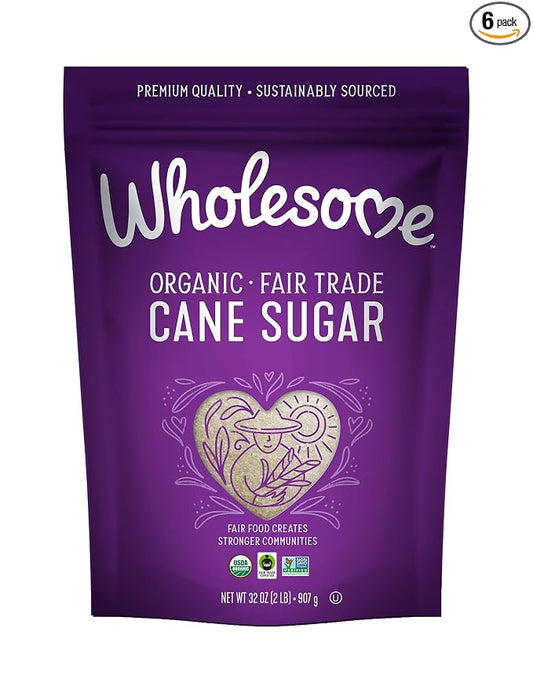 Wholesome Sweeteners 32-Ounce Organic Cane Sugar, Fair Trade, Non GMO, Gluten Free, Pure & Vegan, for Baking and Sweetening, 6 Pack