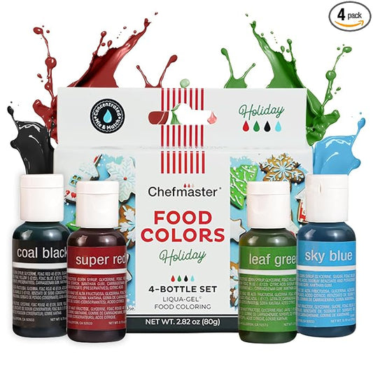 Chefmaster - Holiday Colors Liqua-Gel Food Coloring Kit - Water-Based Food Coloring Gel - 4 Pack - Highly Pigmented, Create Vividly Colored Desserts, Christmas, XMas - Made in the USA