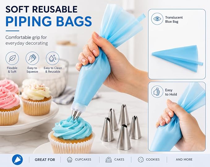 34 PCS Cake Decorating Supplies Kit, Reusable Piping Bags and Tips Set with 24 Stainless Steel Icing Tips, 3 Cake Scrapers, 2 Couplers, Ties and Cleaning Brush for Baking