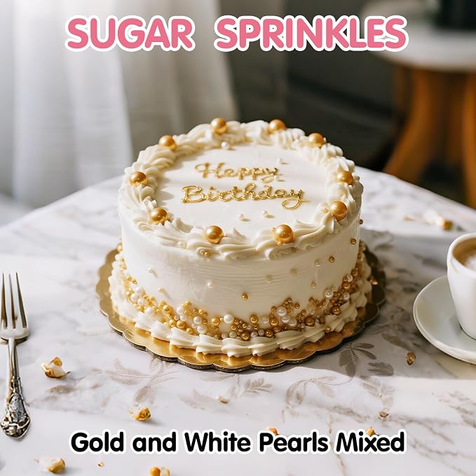 Edible Pearl Sprinkles,130g,White Gold Candy Mixing Size,Baking Pearls Sprinkle Edible Cake Decorations Cupcake Toppers,Cookie Decorating Celebrations Wedding Birthday Party Supplies