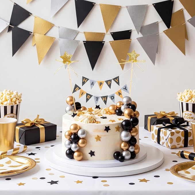 16 Pcs Happy Birthday Cake Topper Cake Bunting Topper Banner with Wood Pole Rainbow Garland with Bow Ribbon Balloon, Mini Cupcake Decor for Birthday Baby Shower (Gold,Silver,Black)