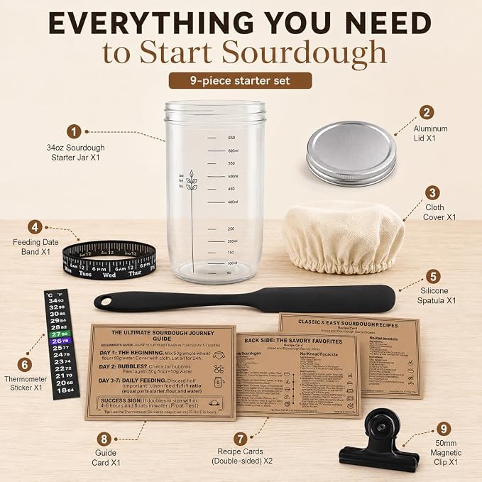 Sourdough Starter Kit for Beginners, 34oz Wide Mouth Sourdough Starter Jar with Guide & Recipes, Fridge Magnet Clip, Thermometer, Feeding Band, Spatula, Cloth & Aluminum Lid, Bread Baking Supplies