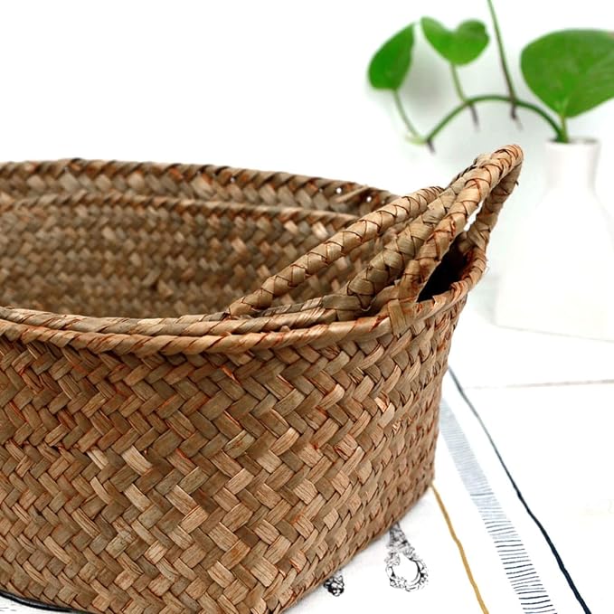Handmade Woven Basket Straw Food Organizer Rattan Breadfruit Case Holder(S,24X15X9cm)