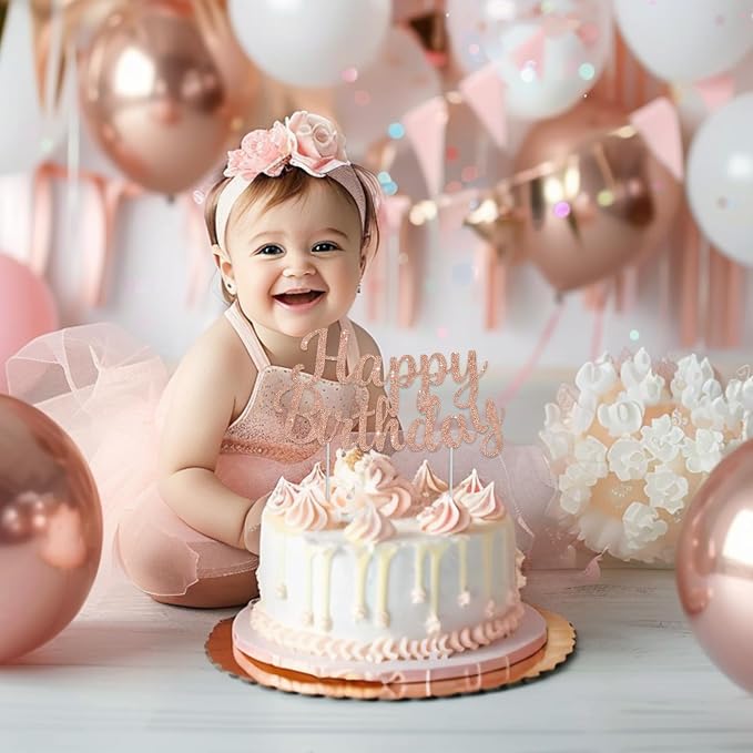 BEISHIDA Rose Gold Happy Birthday Cake Topper, Happy Birthday Cake Bunting Decor,Birthday Party Decoration Supplies，Photo Booth Props