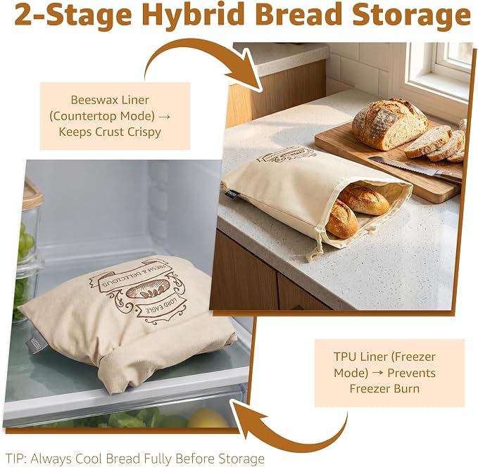 Bread Bags for Homemade Bread & Sourdough - 2 Pack Reusable Beeswax Bread Bags, 100% Cotton with Detachable Liner & TPU Freezer Bag, 17x13in, Freezer Safe & Washable
