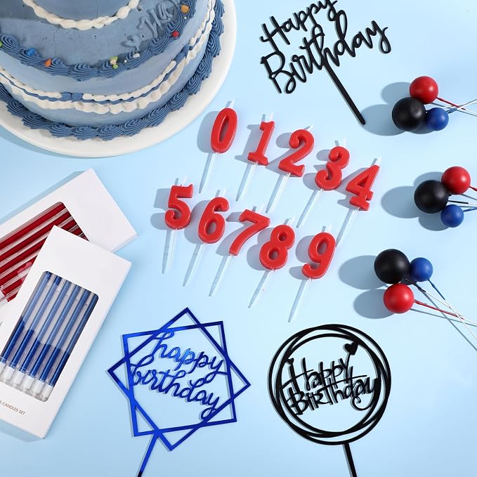 Yerliker 34 Pcs Happy Birthday Cake Toppers Decorations Birthday Candles DIY Cake Decor for Men Women Wedding Anniversary(Blue Red Black)