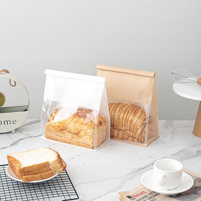 50 Pcs 8.6 Inch Bread Bags with Tin Tie, Large Loaf Bags Made Of Brown Cotton Paper, Storage Packing Bag with Clear Window for Bakery, Cafe, Homemade Bread