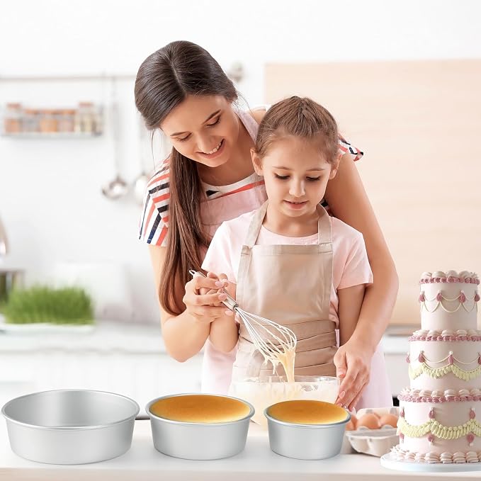 Round Cake Pan with Removable Bottom, Set of 3 (6 x 3 inch/8 x 3 inch/10 x 3 inch), Aluminum Baking Pans for Layer Cakes, Evenly Heating Tools for Home Kitchen, Tapered Side