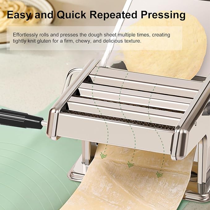Home Manual Dough Presser, Stainless Steel Noodle Maker Machine, Dumpling Wrapper Press with 6-Thickness Settings (0.6-4.8mm), 3 Noodle Widths (2mm/6mm/9mm), Noodle Cutter for Kitchen