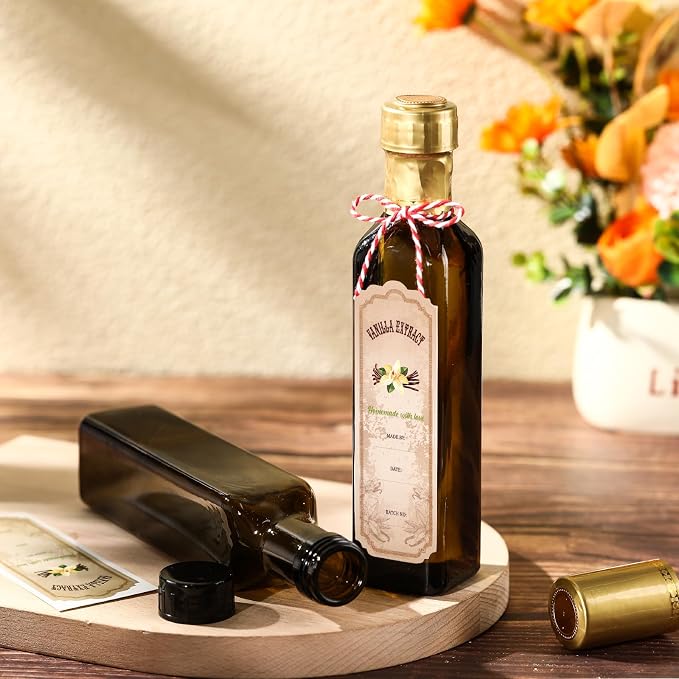 Tioncy 12 Pcs 8.5 oz Vanilla Extract Bottles for Homemade Vanilla Jar Amber Glass Square Bottle with Cap Shrink Band Sticker Syrup Food Storage Canister for Liquid Bean Sauce Spice Gift Giving(Gold)