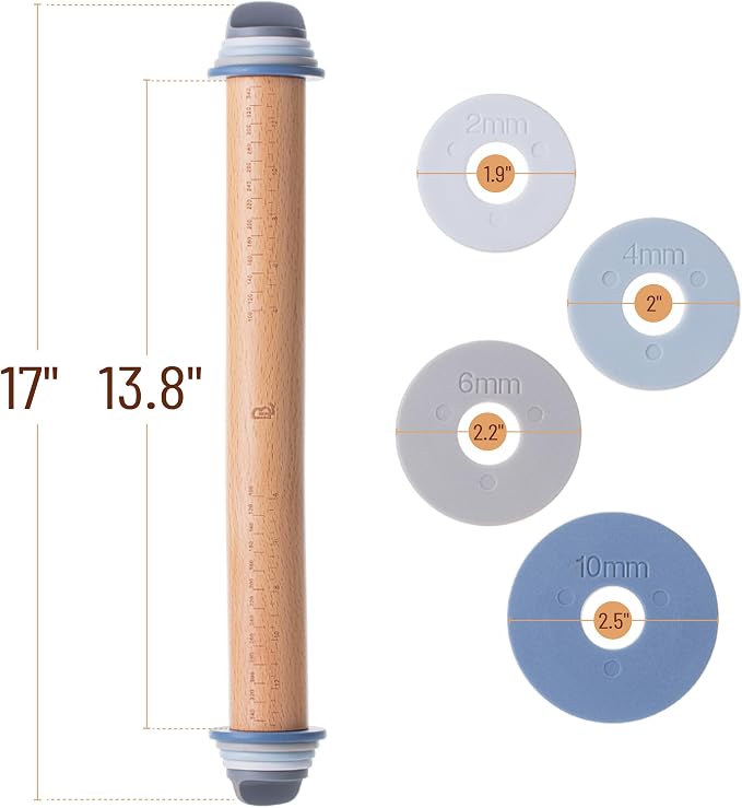 BAMBOO LAND- Adjustable Rolling Pin with Thickness Rings, 13.8", 4 Rings | 2-10 mm / 1/16"-3/8", Wood Rolling Pins for Baking Bread, Pizza, Doughs