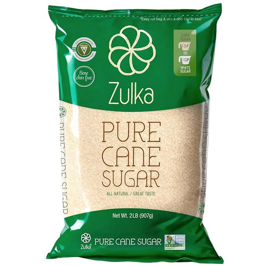 Zulka Pure Cane Sugar, 2 Lb - All-Natural, Non-GMO, Certified Vegan, Bone-Char Free & Kosher Pareve