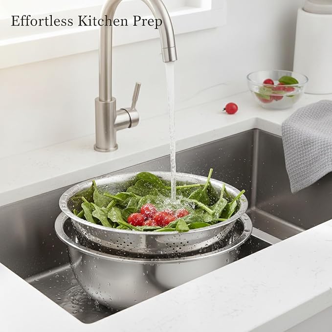 2-Piece Stainless Steel Colander and Bowl Set, Nested Strainer for Washing Veggies, Draining Pasta, and Food Prep (Silver)