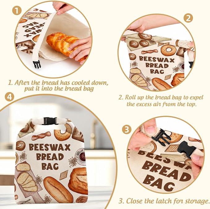 2 Pack Bread Bag for Homemade Bread, Natural Beeswax Storage Bag, Reusable Linen, Food Storage Cloth Bag with Buckle, Keep Loaves Fresh Longer, Homesteading Essentials Supplies 13 * 17IN
