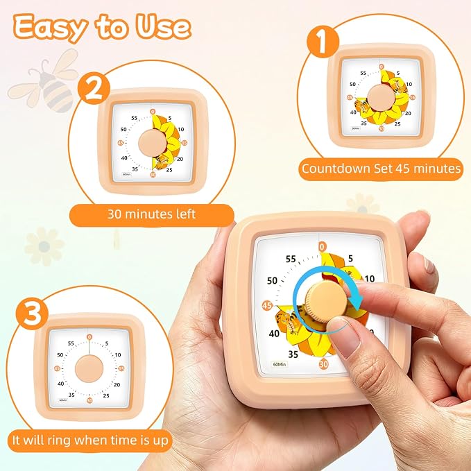 Visual Timer for Kids 60 Minute – Silent Countdown Clock Timers with Sunflower & Bee Design, Desk Timers for Classroom Must Haves Focus Aid, Toddler Timer for Home Kitchen Homework, Orange