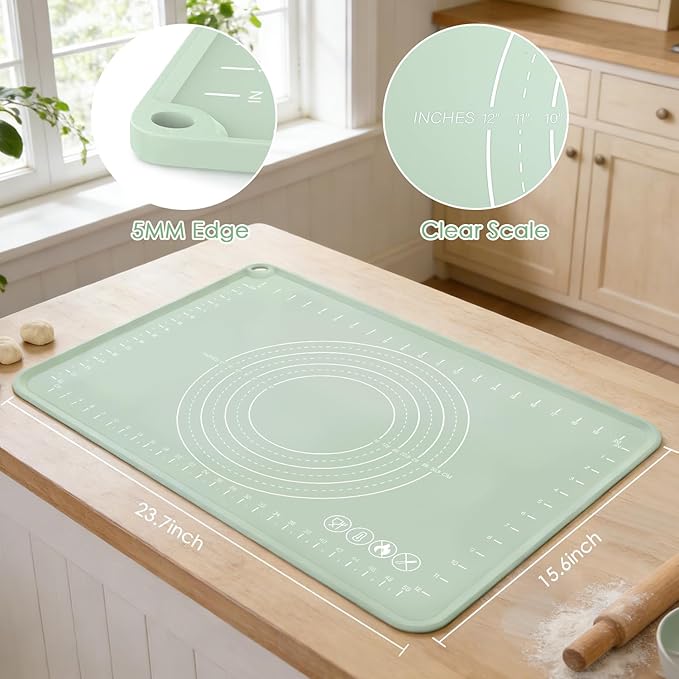 Silicone Pastry Mat, Non Slip Dough Mat with Measurements and Raised Edges, Food Grade Silicone Countertop Baking Mat for Rolling Dough, Kneading Bread, Cookies, Pizza, Pie Crust