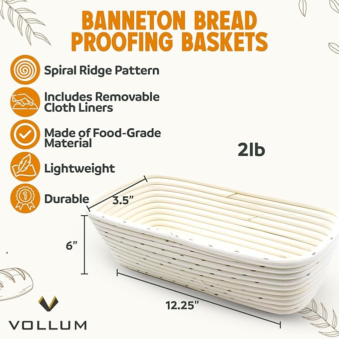 Vollum Banneton Bread Proofing Basket & Liner – Handmade Rustic Sourdough Bread Baking Supplies, Brotform, Sour Dough Tools, Gifts for Bakers - Rectangular - 12.25 x 6 x 3.5"H